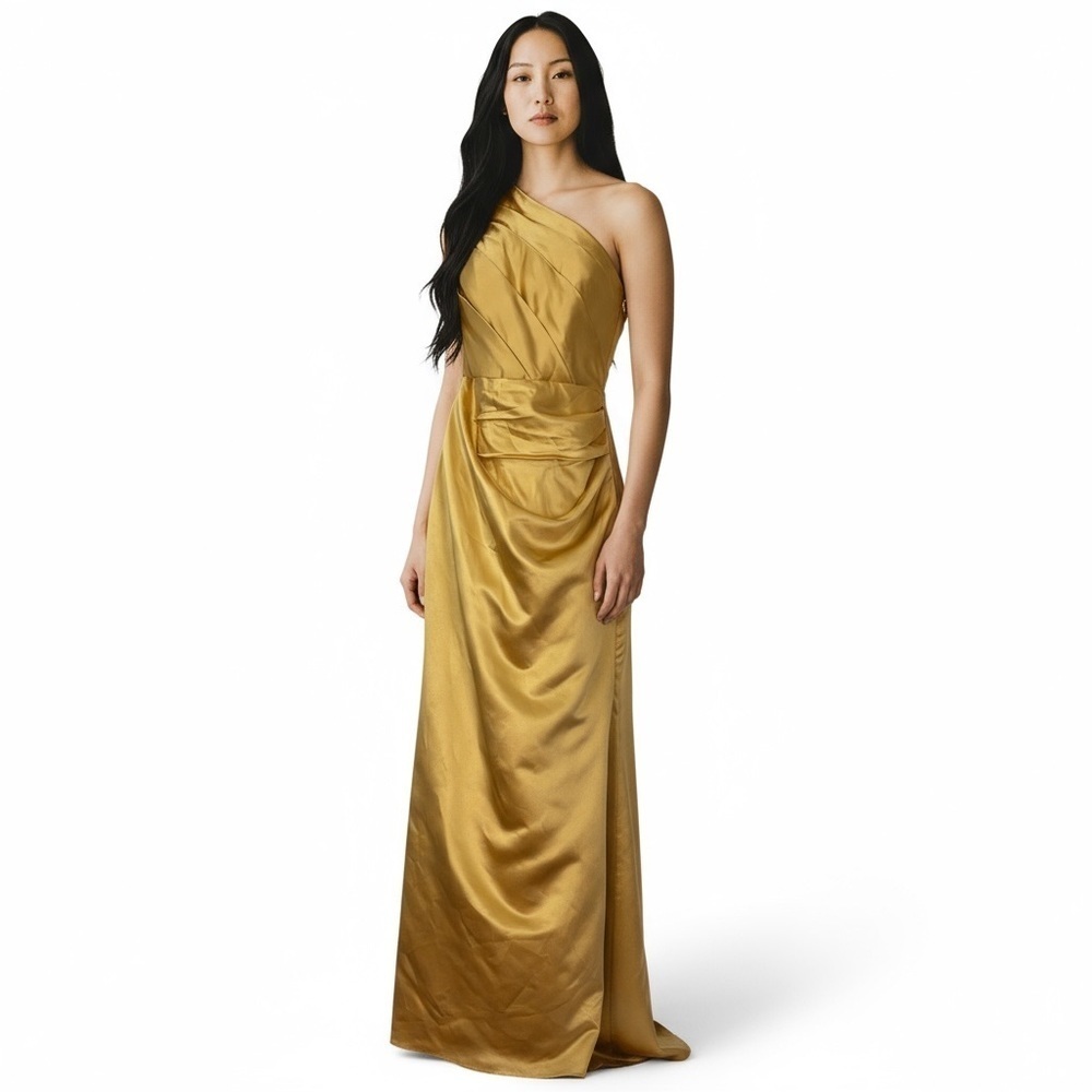 Gold Satin Like One Shoulder Gathered Ruched Dress Sz 18 NWT